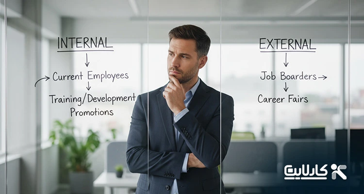 مدیر منابع انسانی در حال فکر کردن به روش‌های داخلی و خارجی تأمین نیرو؛ مقایسه بین ارتقای کارکنان فعلی و جذب از بازار کار